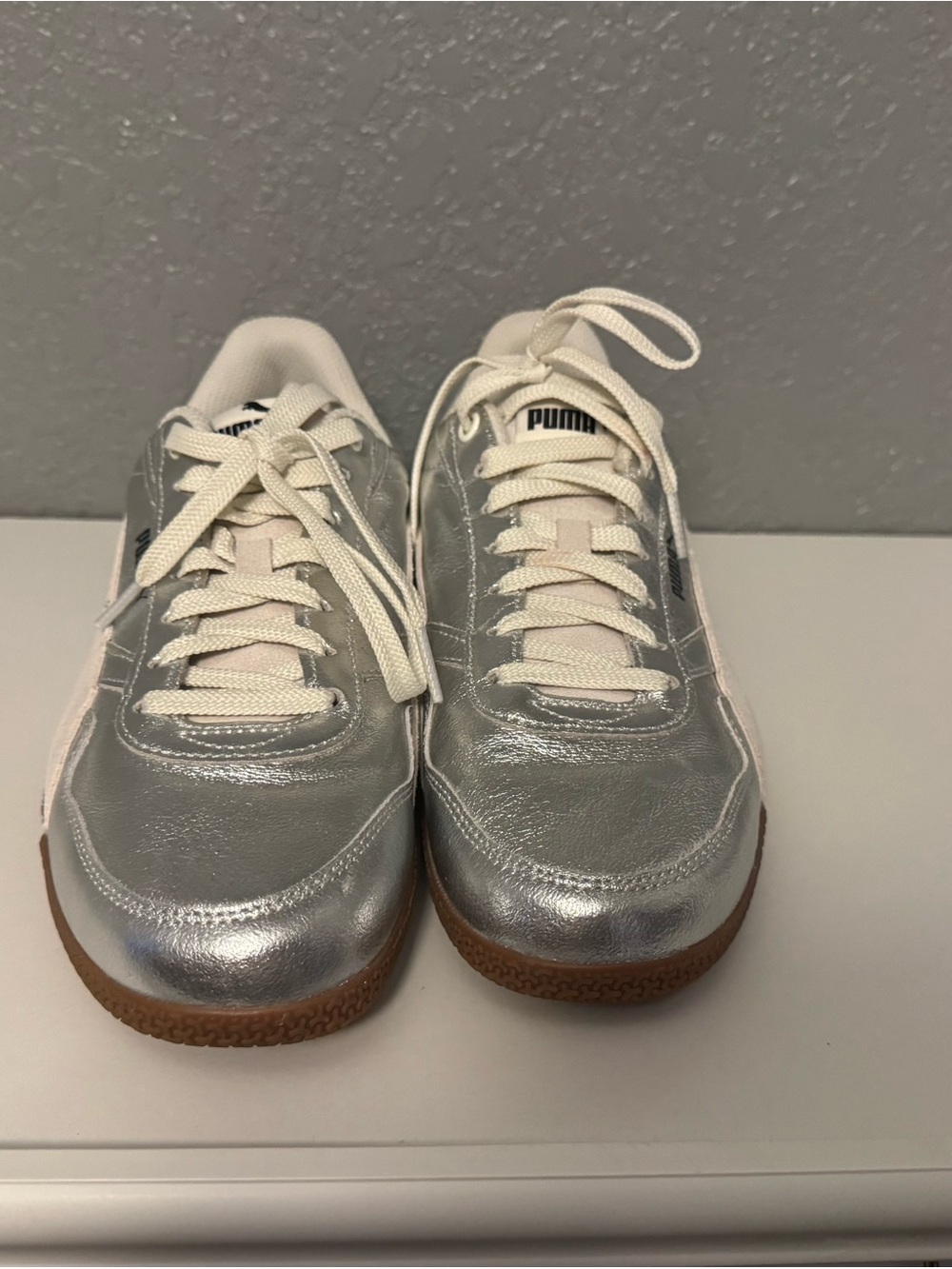 Puma Women’s Silver Metallic Sneaker with Cream Accents - Picture 2 of 5